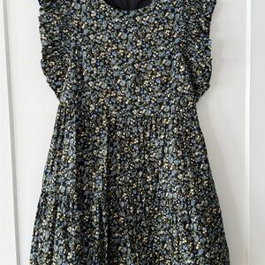 English Factory Black Mini Dress with Blue and Cream and Yellow Floral